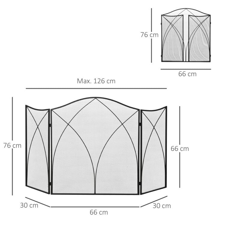 Folding Fireplace Screen, 3 Panels with Hinges and Decorative Metal Frame, 108x24x76 cm, Black