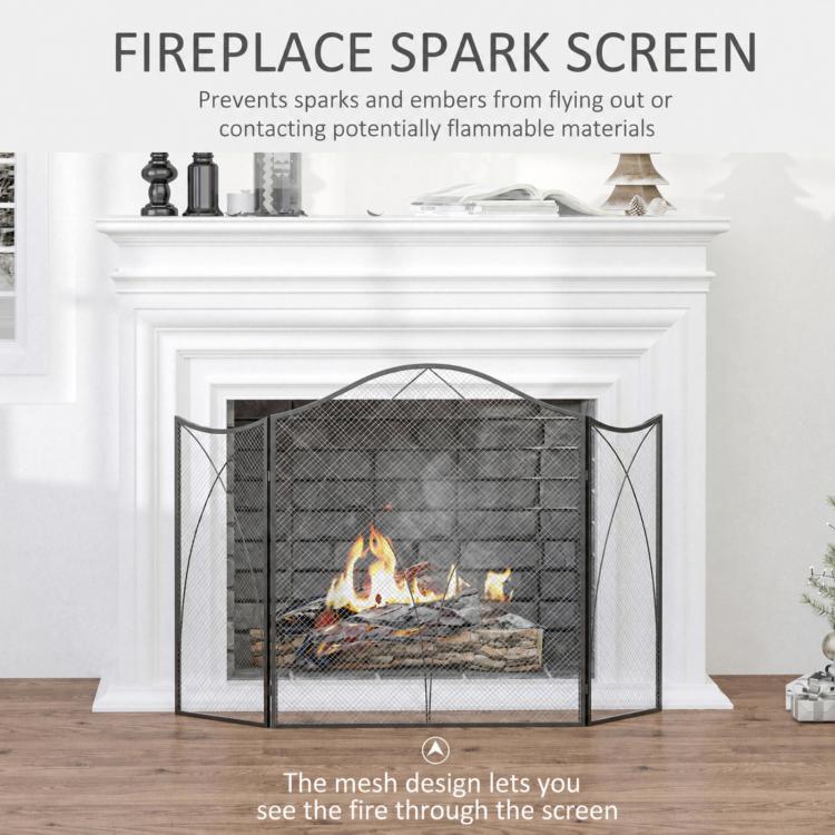 Folding Fireplace Screen, 3 Panels with Hinges and Decorative Metal Frame, 108x24x76 cm, Black