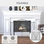 Folding Fireplace Screen, 3 Panels with Hinges and Decorative Metal Frame, 108x24x76 cm, Black