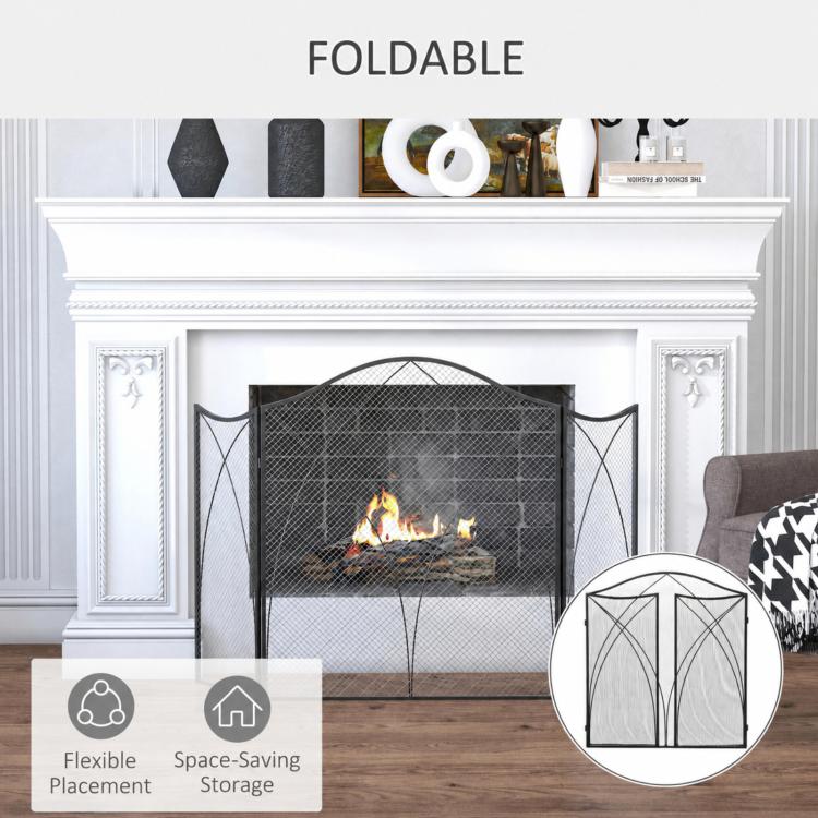 Folding Fireplace Screen, 3 Panels with Hinges and Decorative Metal Frame, 108x24x76 cm, Black