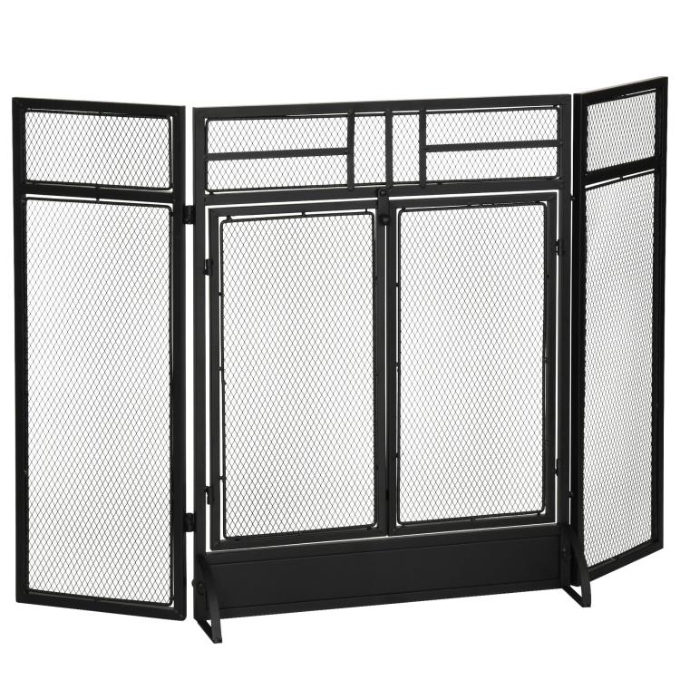 Foldable 3-Panel Fireplace Screen with Double Doors and Feet, 120 x 11.5 x 79 cm, Black