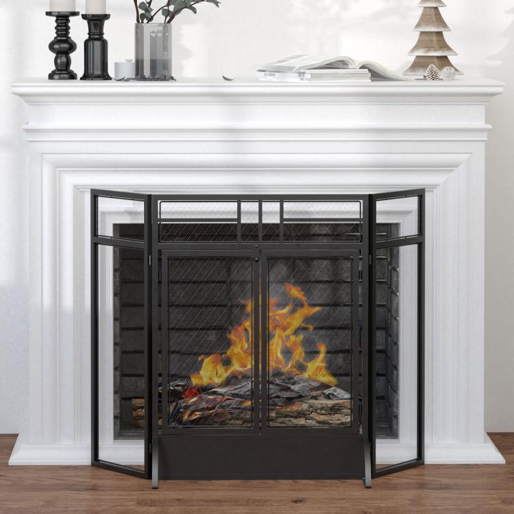 Foldable 3-Panel Fireplace Screen with Double Doors and Feet, 120 x 11.5 x 79 cm, Black