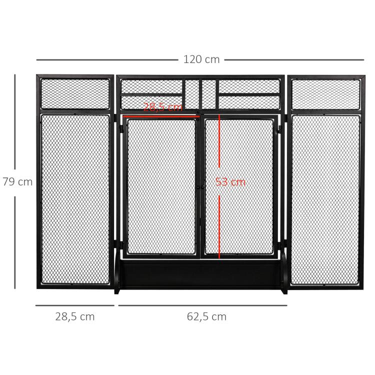 Foldable 3-Panel Fireplace Screen with Double Doors and Feet, 120 x 11.5 x 79 cm, Black