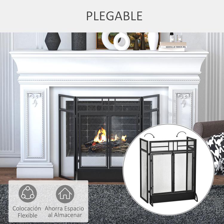 Foldable 3-Panel Fireplace Screen with Double Doors and Feet, 120 x 11.5 x 79 cm, Black