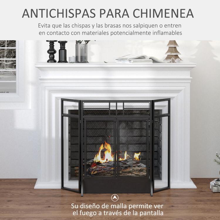 Foldable 3-Panel Fireplace Screen with Double Doors and Feet, 120 x 11.5 x 79 cm, Black
