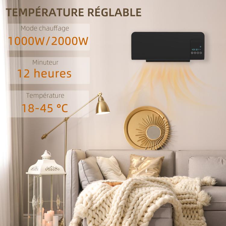 Wall-mounted PTC ceramic fan heater – 1000 W / 2000 W, oscillation, timer, with remote control – Black