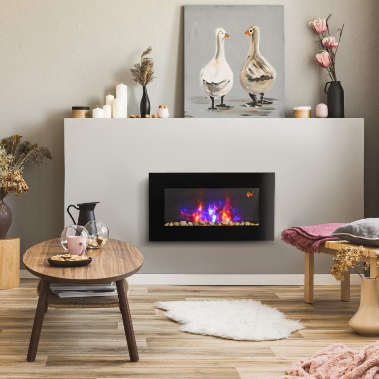 Wall-mounted electric fireplace 1000/2000 W, decorative fireplace with adjustable 7-color flame effect, 72.5 x 11.5 x 40 cm, black