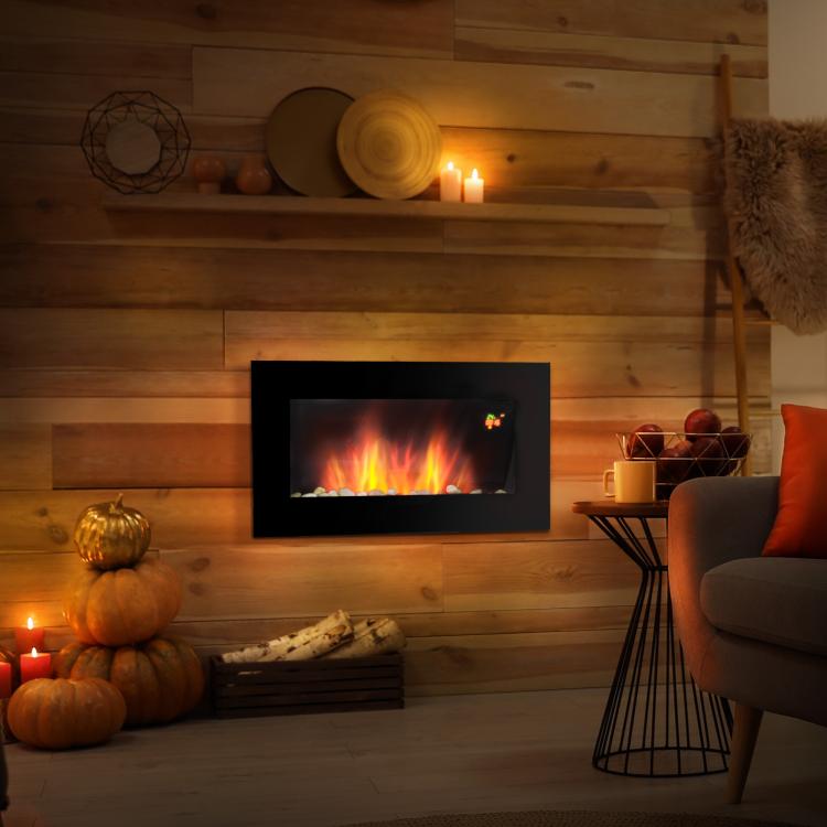 Wall-mounted electric fireplace 1000/2000 W, decorative fireplace with adjustable 7-color flame effect, 72.5 x 11.5 x 40 cm, black