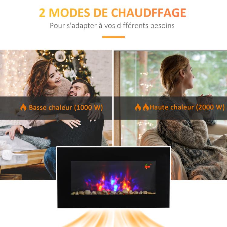 Wall-mounted electric fireplace 1000/2000 W, decorative fireplace with adjustable 7-color flame effect, 72.5 x 11.5 x 40 cm, black