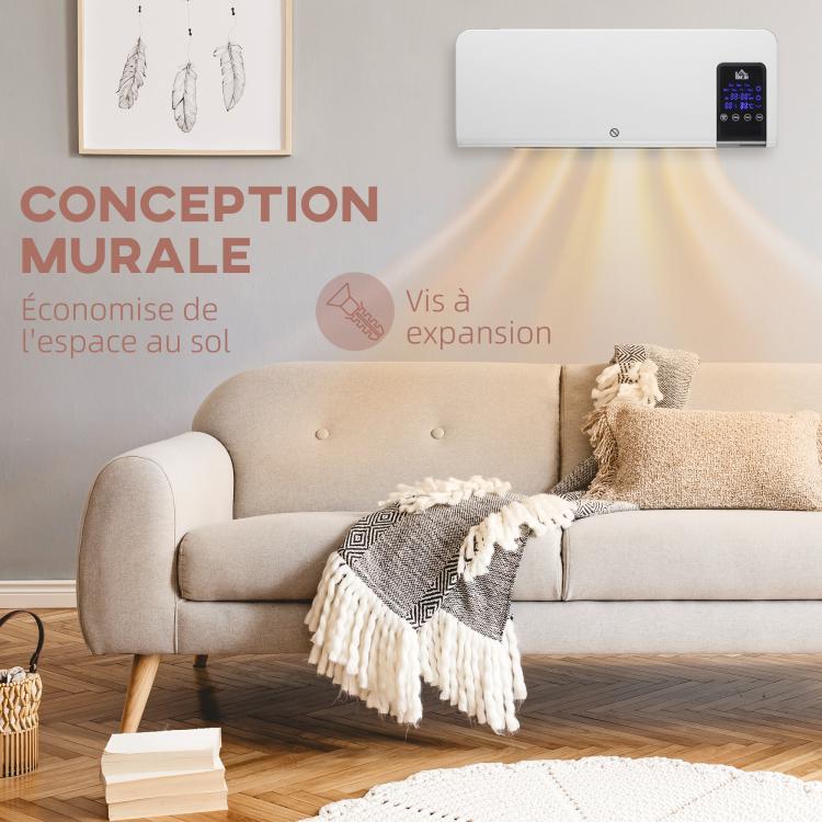 Wall-mounted PTC ceramic fan heater – 1000 W / 2000 W, oscillation, timer, with remote control – White