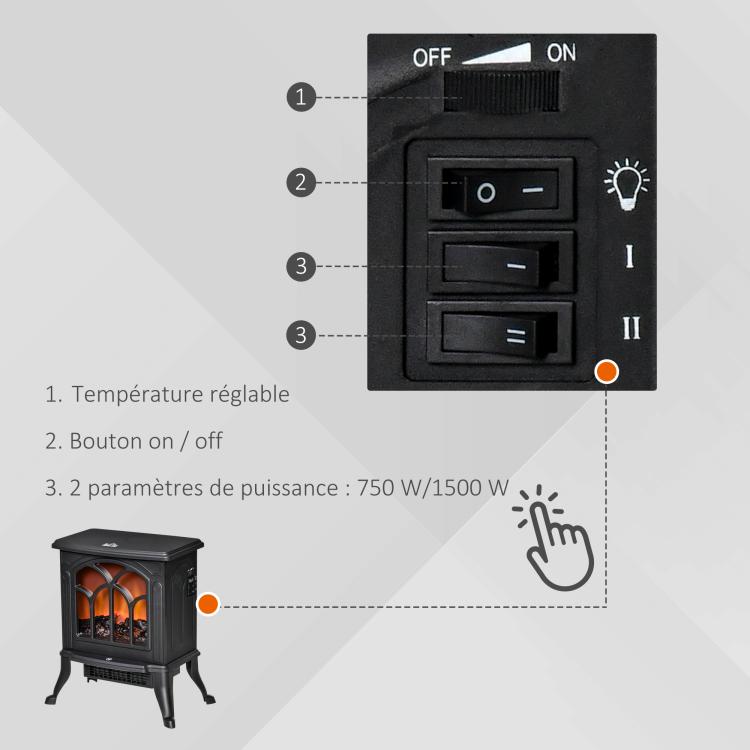 Freestanding electric fireplace 750/1500 W, decorative fireplace with LED flame effect, overheat protection, coverage area 15–20 m2, black