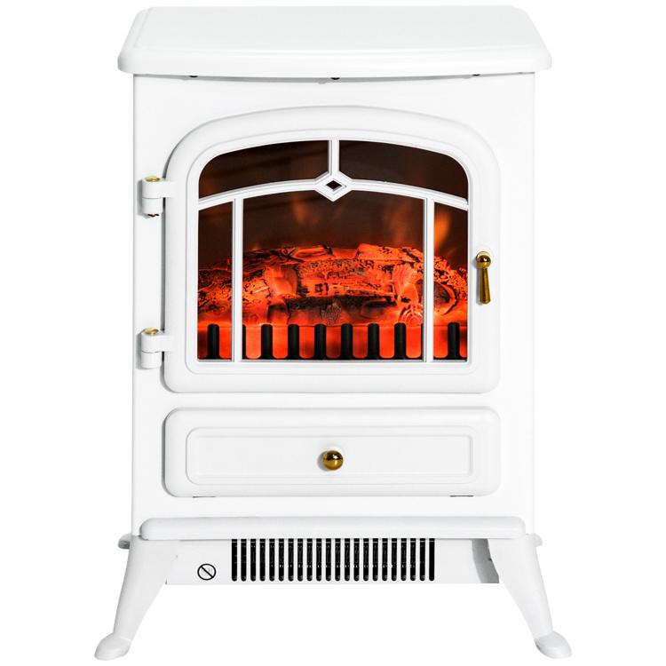 Retro-style electric fireplace stove with flame effect, thermostat (950–1850 W), and overheat protection – White