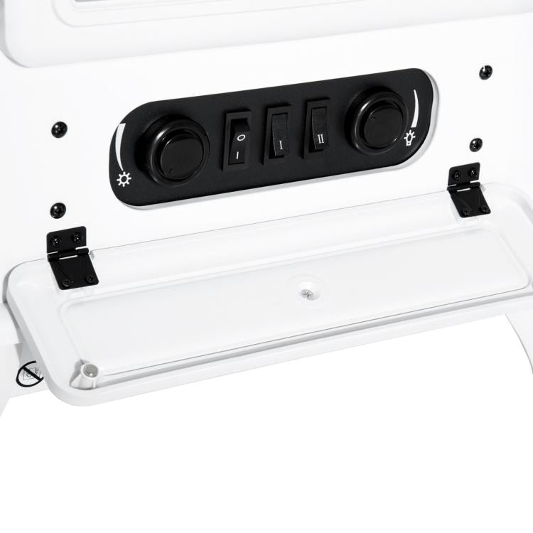 Retro-style electric fireplace stove with flame effect, thermostat (950–1850 W), and overheat protection – White