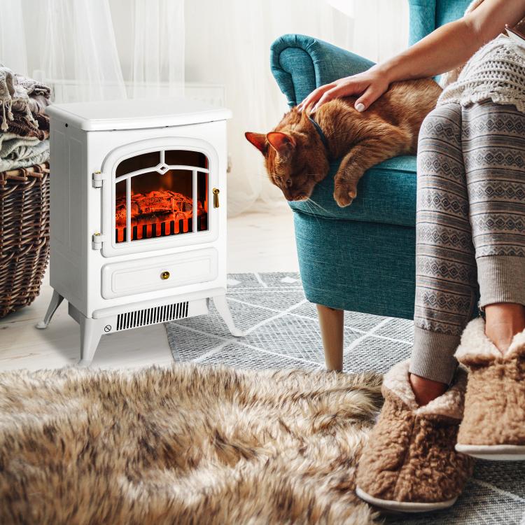 Retro-style electric fireplace stove with flame effect, thermostat (950–1850 W), and overheat protection – White