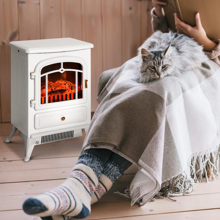 Retro-style electric fireplace stove with flame effect, thermostat (950–1850 W), and overheat protection – White