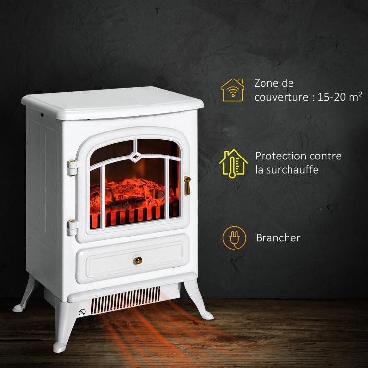 Retro-style electric fireplace stove with flame effect, thermostat (950–1850 W), and overheat protection – White
