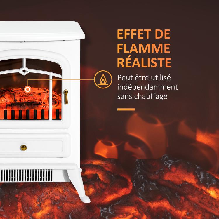 Retro-style electric fireplace stove with flame effect, thermostat (950–1850 W), and overheat protection – White