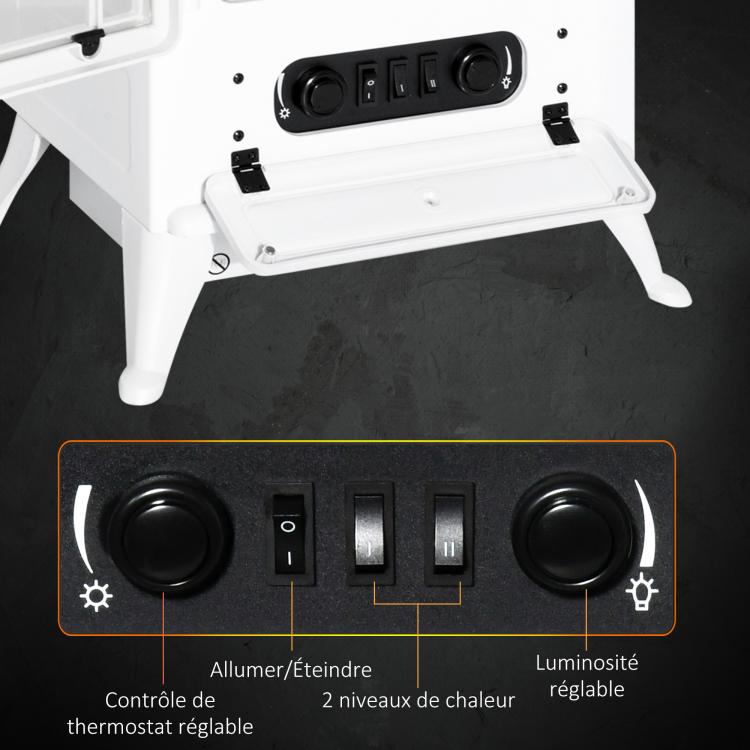 Retro-style electric fireplace stove with flame effect, thermostat (950–1850 W), and overheat protection – White