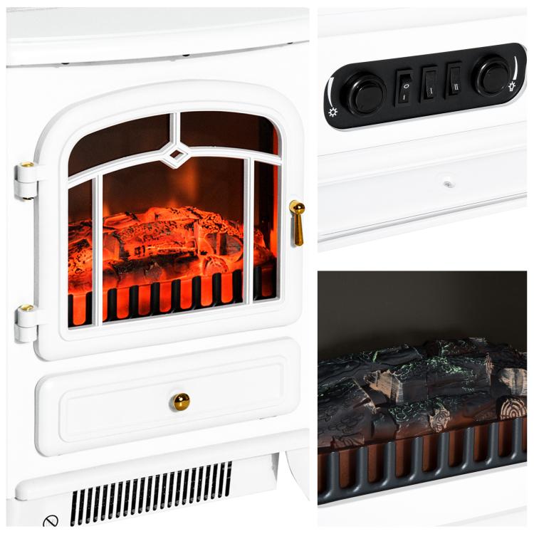 Retro-style electric fireplace stove with flame effect, thermostat (950–1850 W), and overheat protection – White