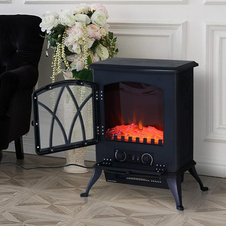 Portable Electric Fireplace 1000W/2000W – Quiet Freestanding Heater with Flame Effect and 30m2 Coverage – Black