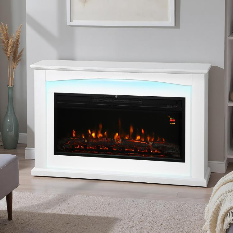 1000W/2000W electric fireplace, decorative faux fireplace, flame effect with 5 adjustable brightness levels, 121x25x77cm, white