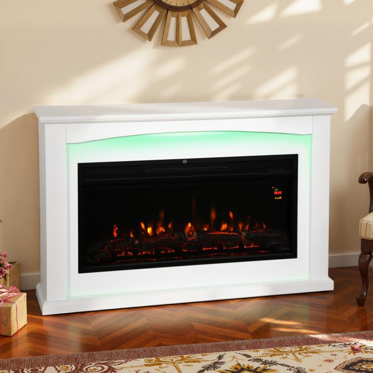 1000W/2000W electric fireplace, decorative faux fireplace, flame effect with 5 adjustable brightness levels, 121x25x77cm, white