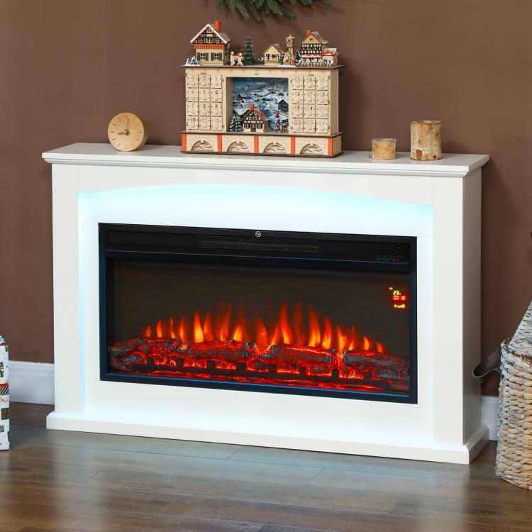 1000W/2000W electric fireplace, decorative faux fireplace, flame effect with 5 adjustable brightness levels, 121x25x77cm, white