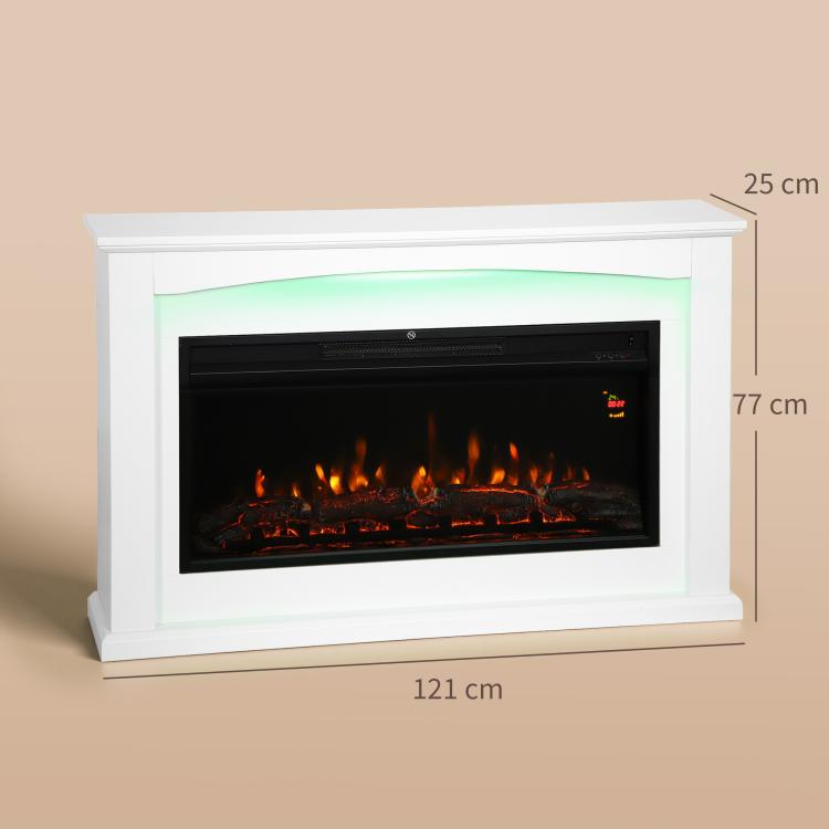 1000W/2000W electric fireplace, decorative faux fireplace, flame effect with 5 adjustable brightness levels, 121x25x77cm, white