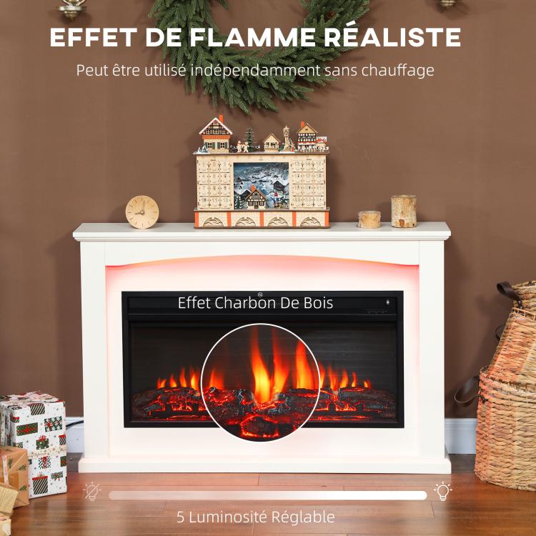 1000W/2000W electric fireplace, decorative faux fireplace, flame effect with 5 adjustable brightness levels, 121x25x77cm, white