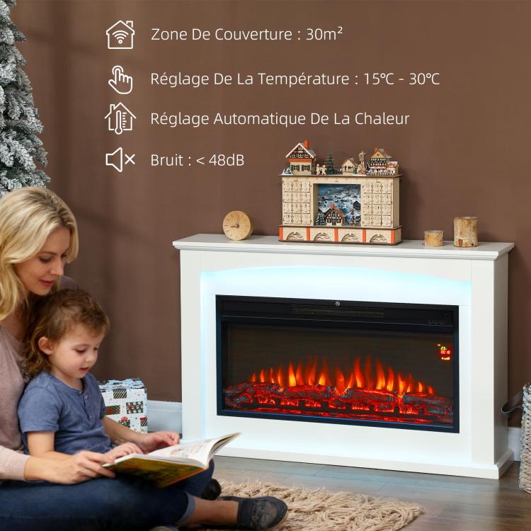 1000W/2000W electric fireplace, decorative faux fireplace, flame effect with 5 adjustable brightness levels, 121x25x77cm, white