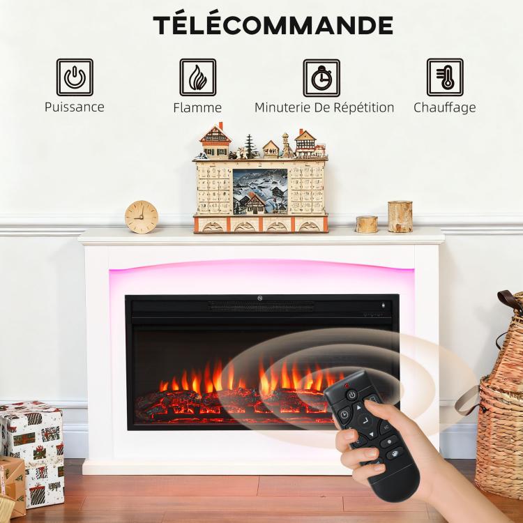 1000W/2000W electric fireplace, decorative faux fireplace, flame effect with 5 adjustable brightness levels, 121x25x77cm, white