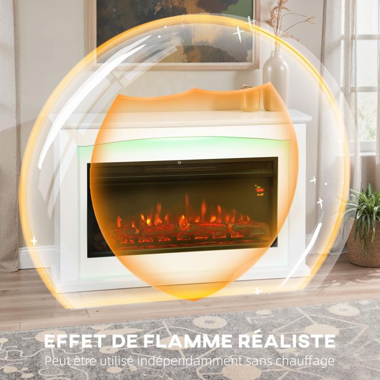 1000W/2000W electric fireplace, decorative faux fireplace, flame effect with 5 adjustable brightness levels, 121x25x77cm, white