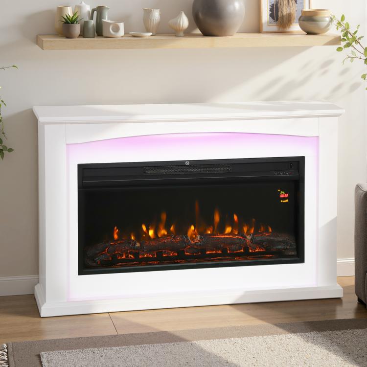 1000W/2000W electric fireplace, decorative faux fireplace, flame effect with 5 adjustable brightness levels, 121x25x77cm, white