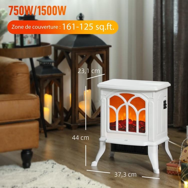 Freestanding electric fireplace 750/1500 W, decorative faux fireplace with LED flame effect, 37.3 x 23.1 x 44 cm, white