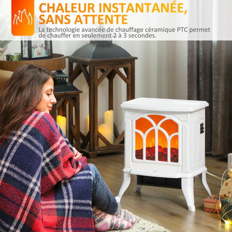 Freestanding electric fireplace 750/1500 W, decorative faux fireplace with LED flame effect, 37.3 x 23.1 x 44 cm, white