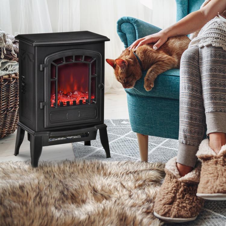 Electric floor fireplace, 2 heat settings, realistic flame effect, versatile