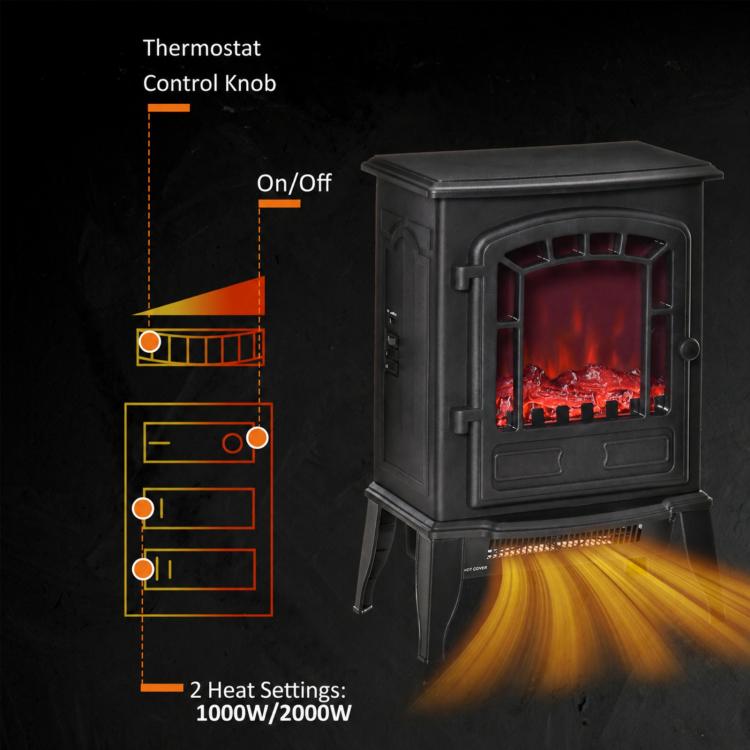 Electric floor fireplace, 2 heat settings, realistic flame effect, versatile