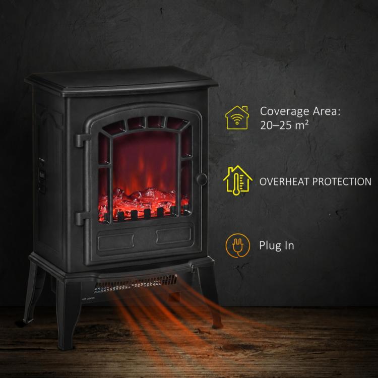 Electric floor fireplace, 2 heat settings, realistic flame effect, versatile