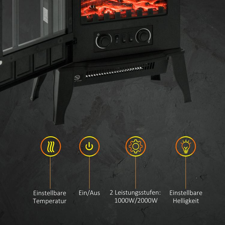 Electric fireplace, LED flames, 1000/2000 W, adjustable temperature & brightness, metal, 39 x 23 x 56.5 cm