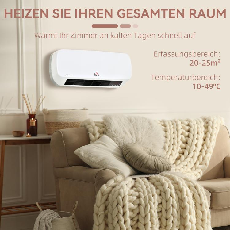 2000W Wall-Mounted Fan Heater with Remote Control, 2 Heating Modes, LED Display, and 12-Hour Timer for Bathrooms