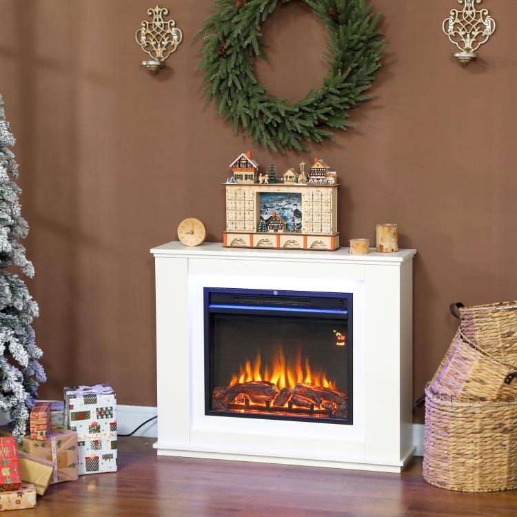 Electric fireplace, realistic flames with 12 colors, 5 brightness levels, remote control, timer, black
