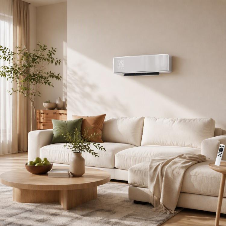 Wall-mounted 2000W ceramic electric heater, fan, thermostat, timer, remote control, glass panel, white