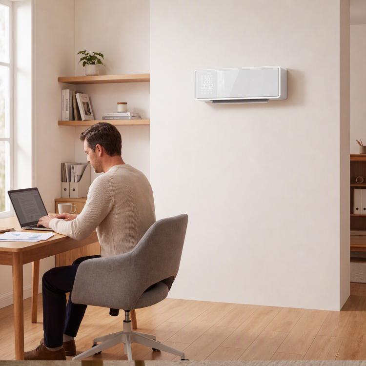 Wall-mounted 2000W ceramic electric heater, fan, thermostat, timer, remote control, glass panel, white