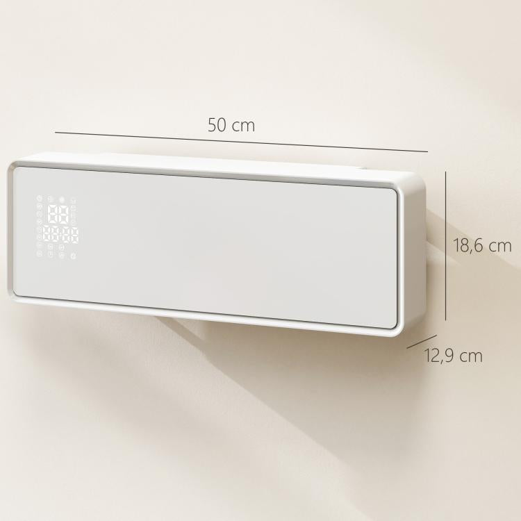 Wall-mounted 2000W ceramic electric heater, fan, thermostat, timer, remote control, glass panel, white