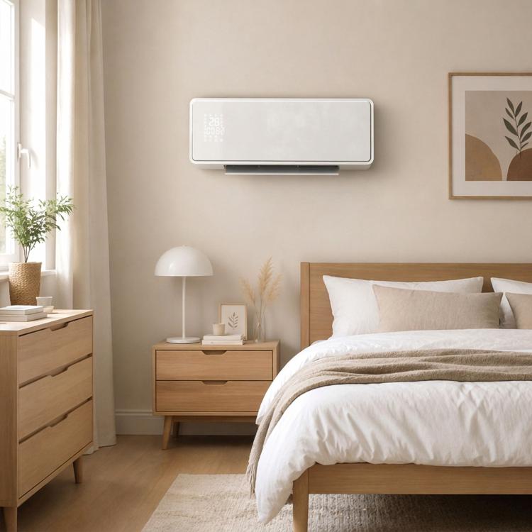 Wall-mounted 2000W ceramic electric heater, fan, thermostat, timer, remote control, glass panel, white
