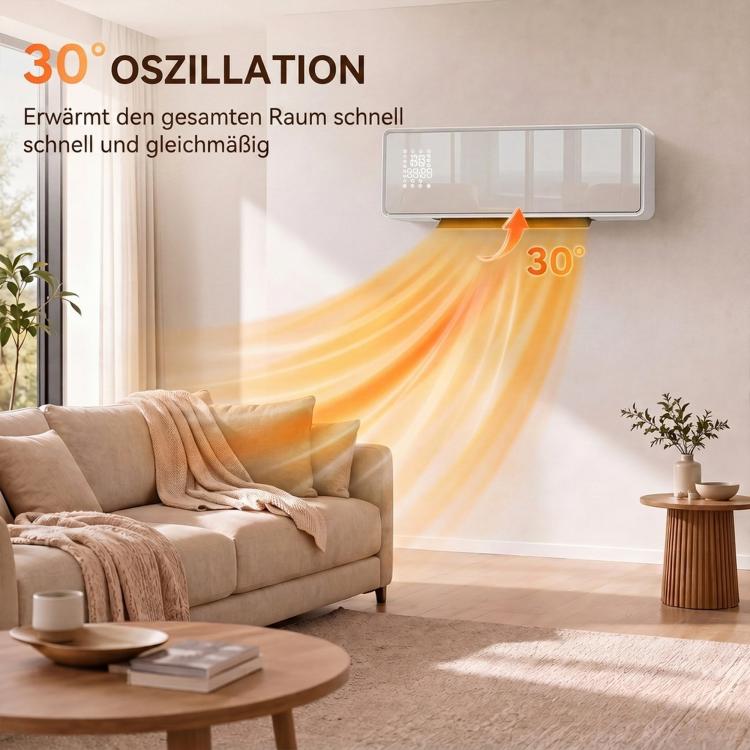 Wall-mounted 2000W ceramic electric heater, fan, thermostat, timer, remote control, glass panel, white