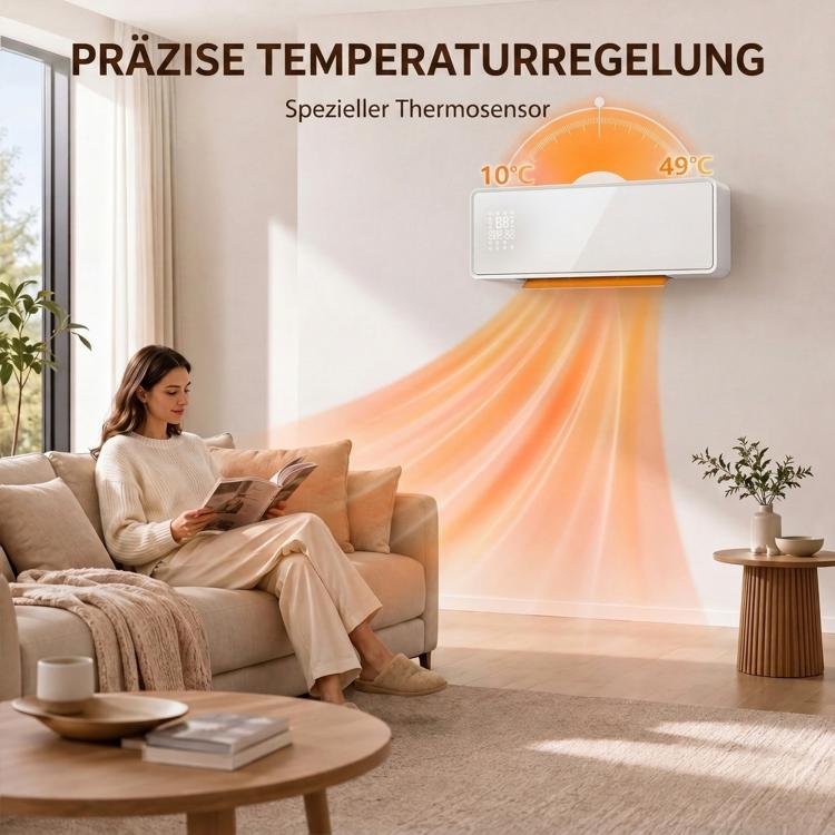 Wall-mounted 2000W ceramic electric heater, fan, thermostat, timer, remote control, glass panel, white