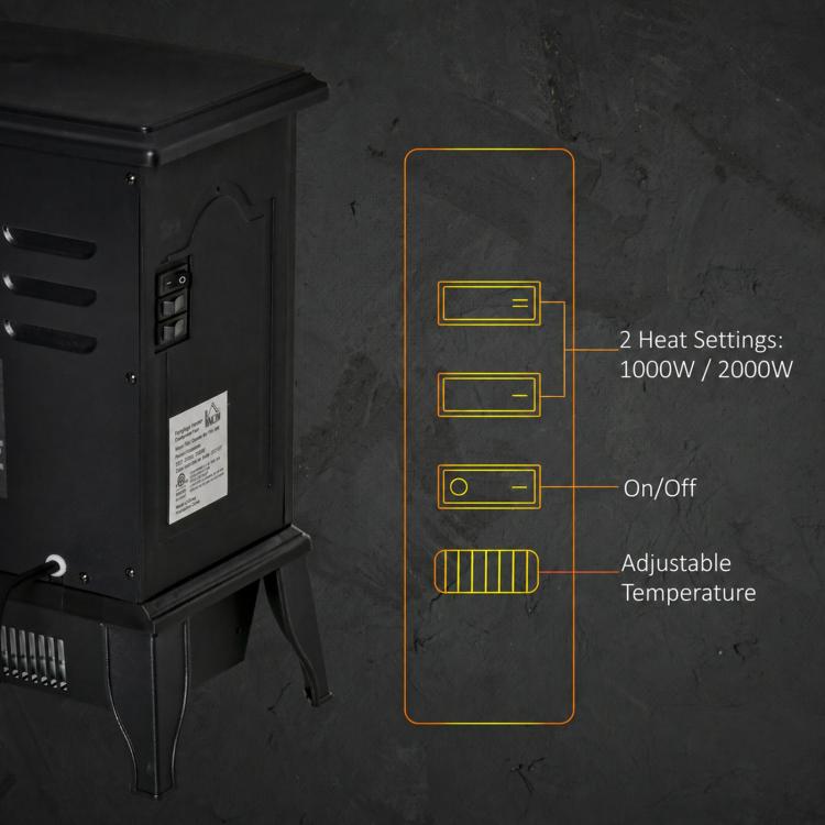 Portable Electric Fireplace Heater with Realistic Flame Effect, 1000 W/2000 W, Black