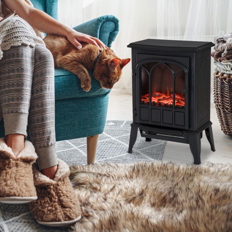 Freestanding electric fireplace 1000/2000 W, decorative faux fireplace with LED flame effect, overheat protection, coverage area 15–30 m2, black