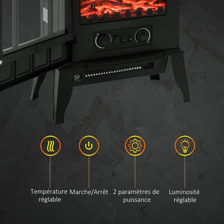 Freestanding electric fireplace 1000/2000 W, decorative faux fireplace with LED flame effect, overheat protection, coverage area 15–30 m2, black